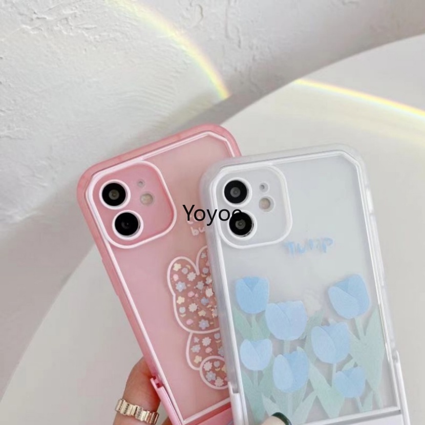 Ốp Điện Thoại Túi Khí Trong Suốt Có Giá Đỡ Hình Hoa Tulip / Thỏ Cho iPhone 14 13 12 11 Pro Xs Max X Xr 7 8 Plus Se