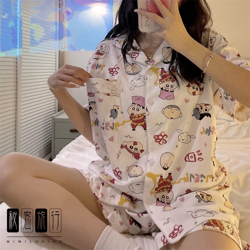 Bộ Đồ Ngủ Ngắn Tay In Hoạt Hình Stitch Phong Cách Nhật Bản Cho Nữ