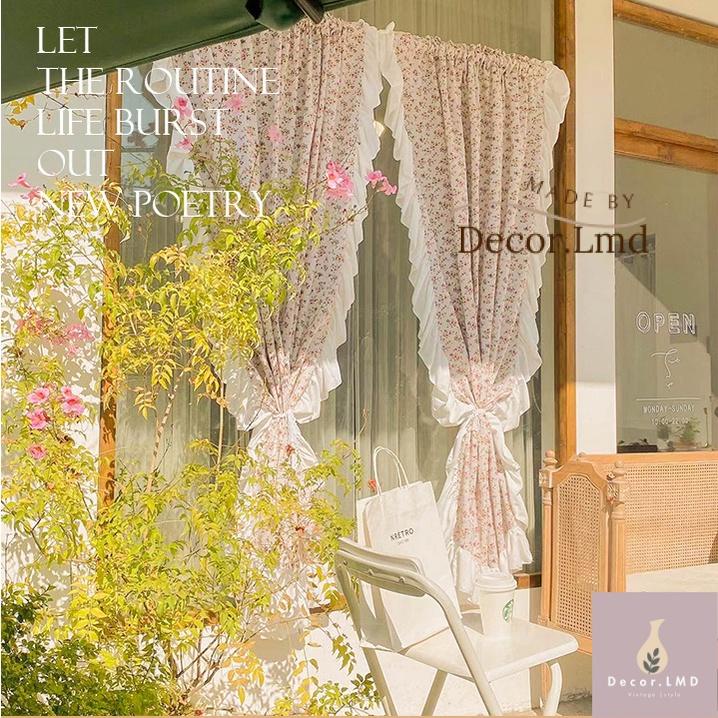 Rèm cửa sổ vải hoa vintage hồng viền bèo trắng vintage hàn quốc dày dặn chống nắng, màn cửa sổ decor