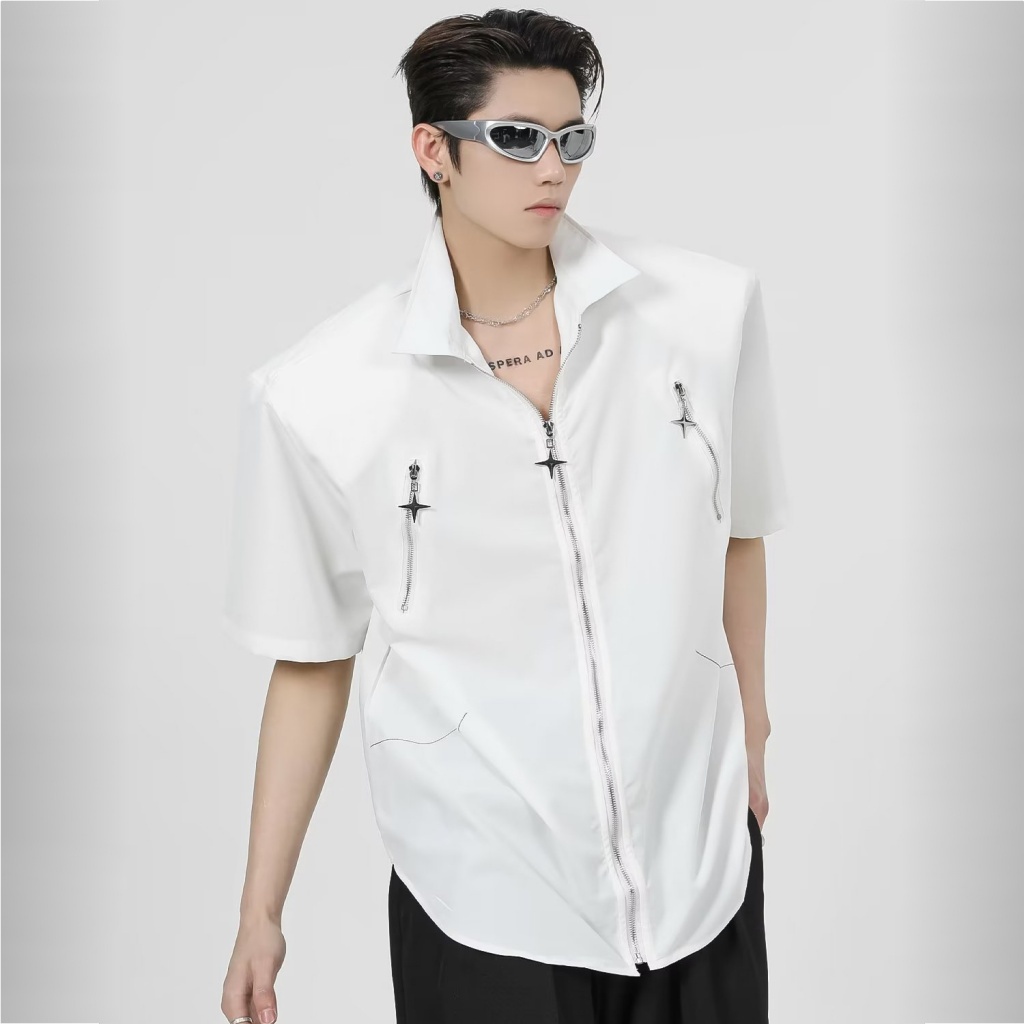 Áo Sơ Mi Tay Ngắn Dáng Rộng Phong Cách Hip Hop Cá Tính Cho Nam