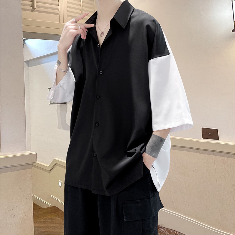 Áo Sơ Mi Tay Ngắn Dáng Rộng Vải Lụa Lạnh Cỡ Lớn Phối Màu Đen Trắng Cá Tính Cho Nam
