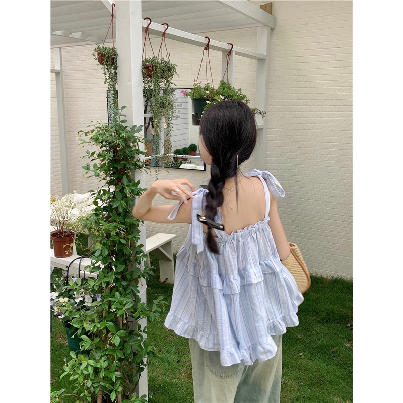 Áo Hai Dây Nhún Bèo Dáng Rộng Họa Tiết Kẻ Sọc Thời Trang Mùa Hè Xinh Xắn Cho Nữ