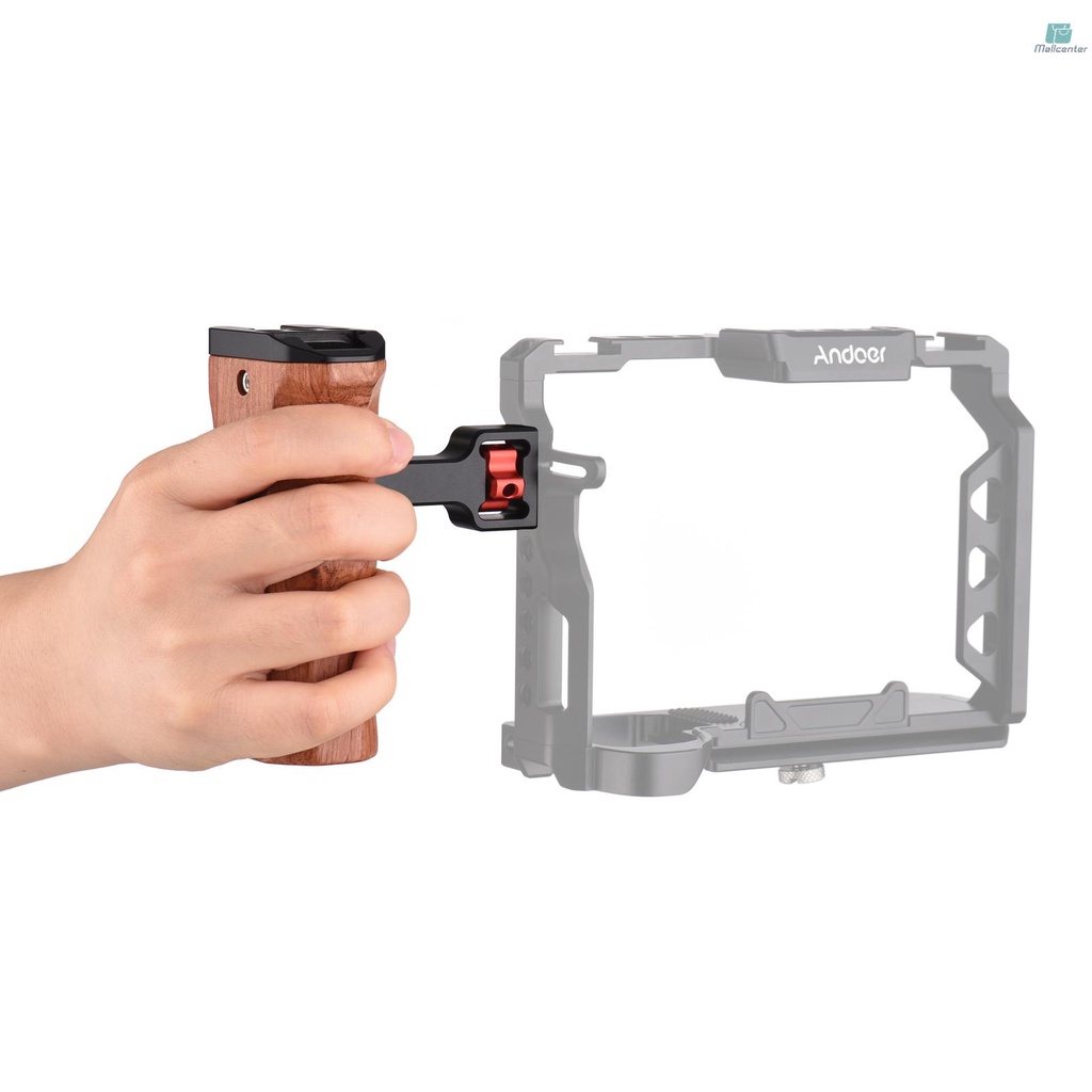 Adjustable Wooden Camera Cage Handle Left/Right Side Hand Grip 1/4 Inch Screw ARRI-Style Mount with Cold Shoe Mount Mini Wrench Compatible with SmallRig Video Cage