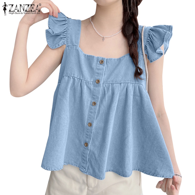 Áo denim ZANZEA không tay cổ vuông thời trang cho nữ
