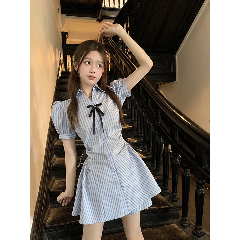 Đầm Chữ A Tay Ngắn Họa Tiết Kẻ Sọc Phong Cách Hàn Quốc Thời Trang Mùa Hè 2023 Mới