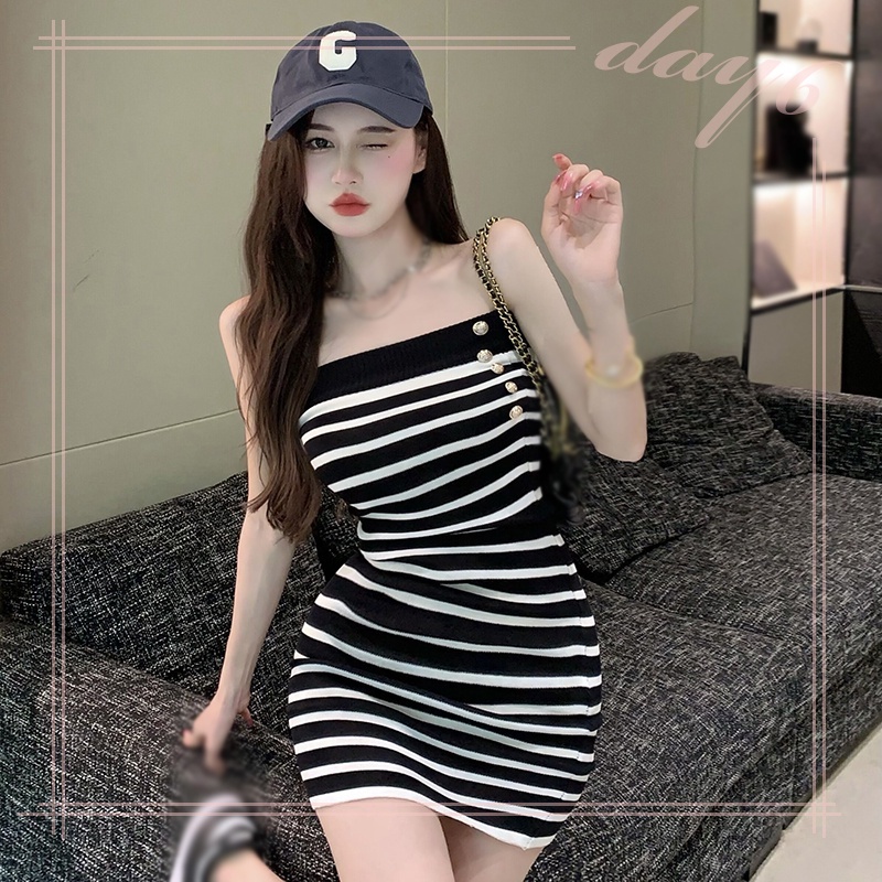 Đầm Dệt Kim Kẻ Sọc Dáng Ôm Phong Cách Hàn Quốc Thời Trang Mùa Hè Cho Nữ