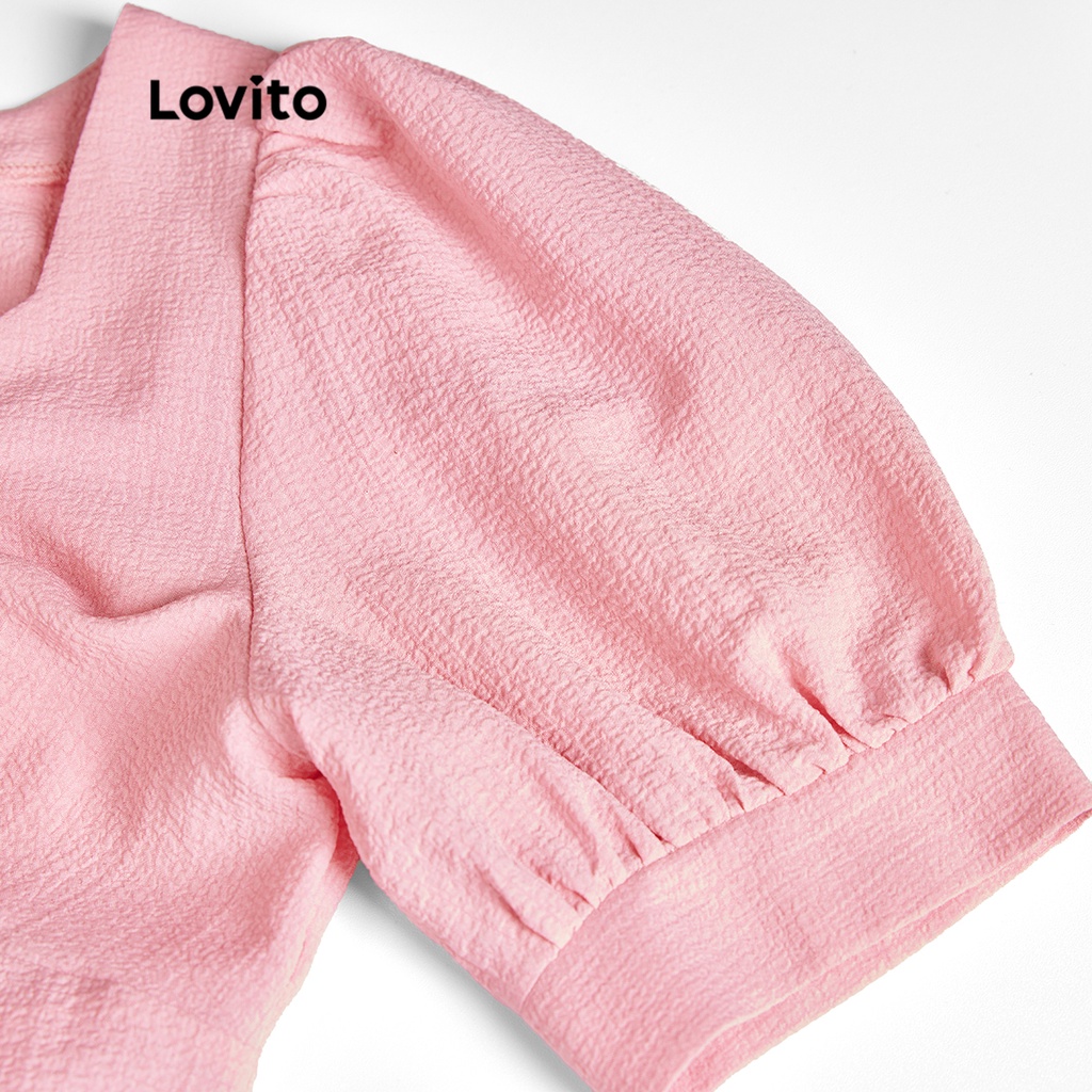 Áo kiểu Lovito tay phồng cổ tim may đường chỉ nút trước màu trơn thanh lịch cho nữ L49ED054 (màu hồng)