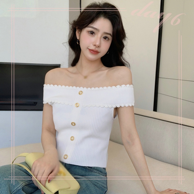 Áo Dệt Kim Tay Ngắn Trễ Vai Phối Ren Màu Trơn Thời Trang Cho Nữ