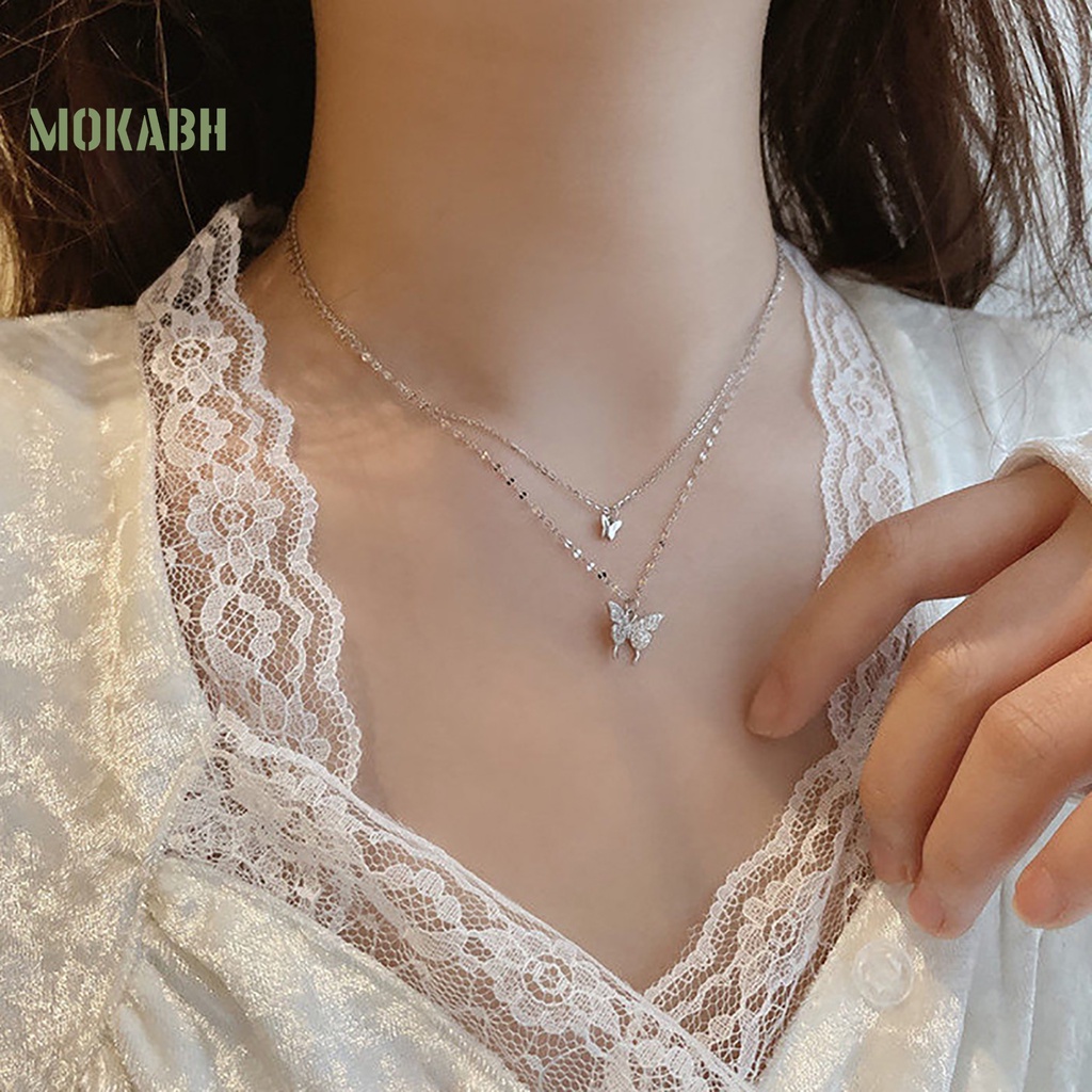 Vòng cổ Hai Lớp Bằng Hợp Kim Mặt Hình Bướm Chống Rỉ Sét Thời Trang Cho Nữ