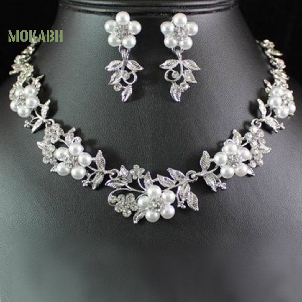 1 Bộ Vòng cổ + Bông Tai Mạ Bạc Đính Ngọc Trai Nhân Tạo Thời Trang Cho Nữ