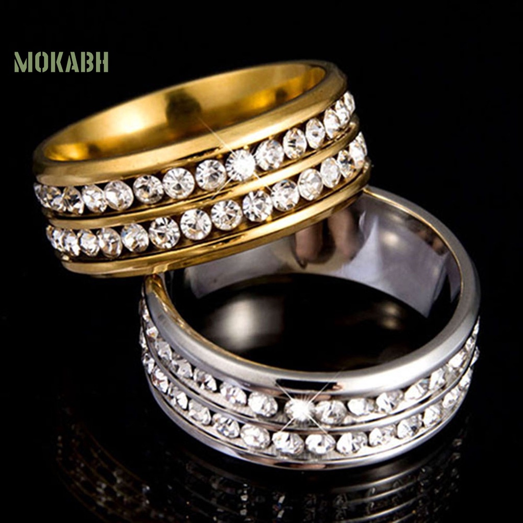 Nhẫn Titan Bản Rộng Hai Hàng Không Phai Màu Đính Đá Cho Nam Và Nữ