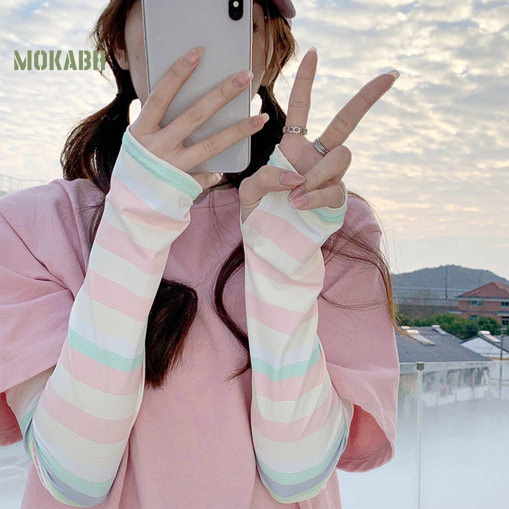 1 Cặp Găng Tay Chống Nắng Bằng Lụa Lạnh Độ Co Giãn Cao Họa Tiết Kẻ Sọc