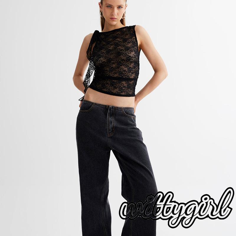 Áo Croptop Ren Hoa Sát Nách Cổ Tròn Màu Đen Thời Trang Mùa Hè Cho Nữ