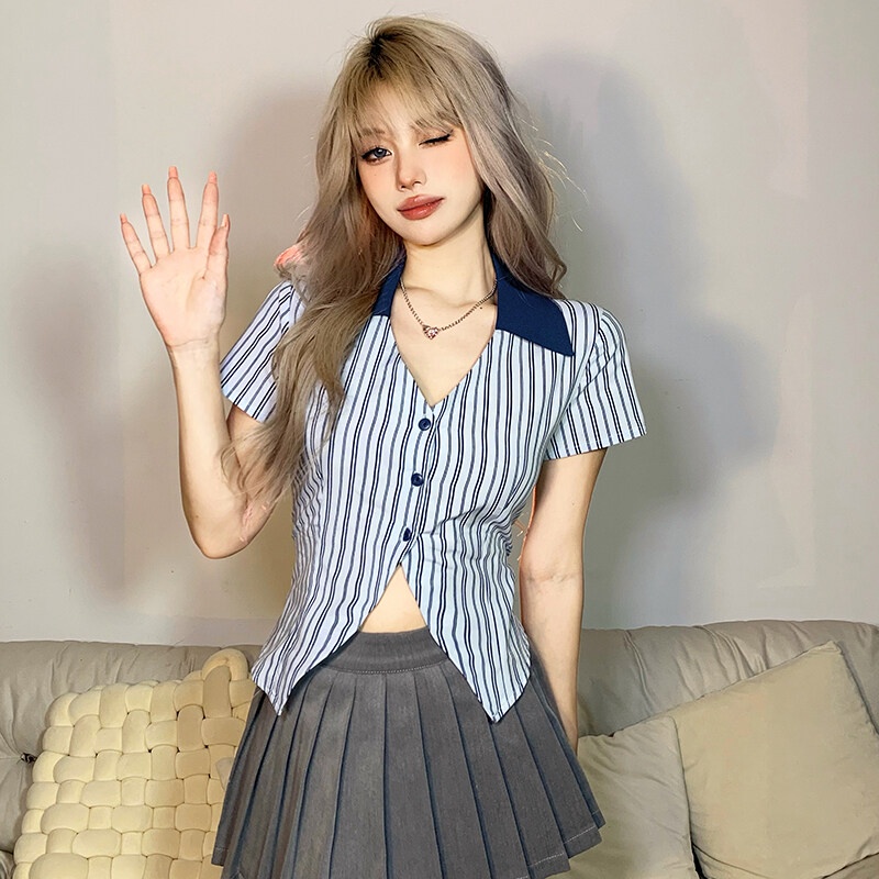 Kliou Áo Croptop Tay Ngắn Cổ Chữ V Họa Tiết Kẻ Sọc Thời Trang 2023 Dành Cho Nữ