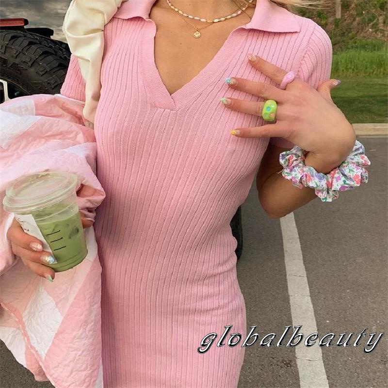 Gb-đầm Nữ Ngắn Tay Hở Lưng Một Mảnh Màu Hồng Trơn Xẻ Tà Ôm Dáng