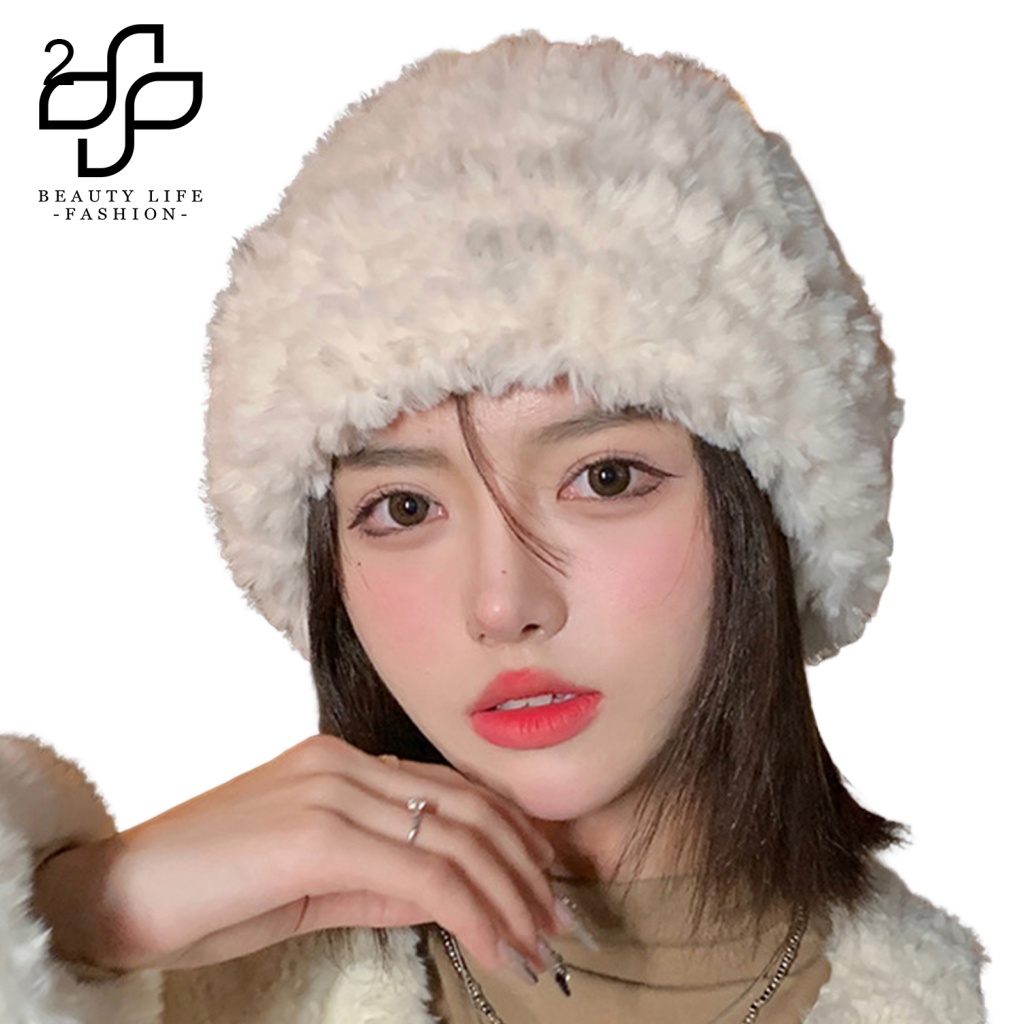 Mũ Beanie Nhung Lông Không Vành Màu Trơn In Logo Chữ Thời Trang Thu Đông Cho Nữ