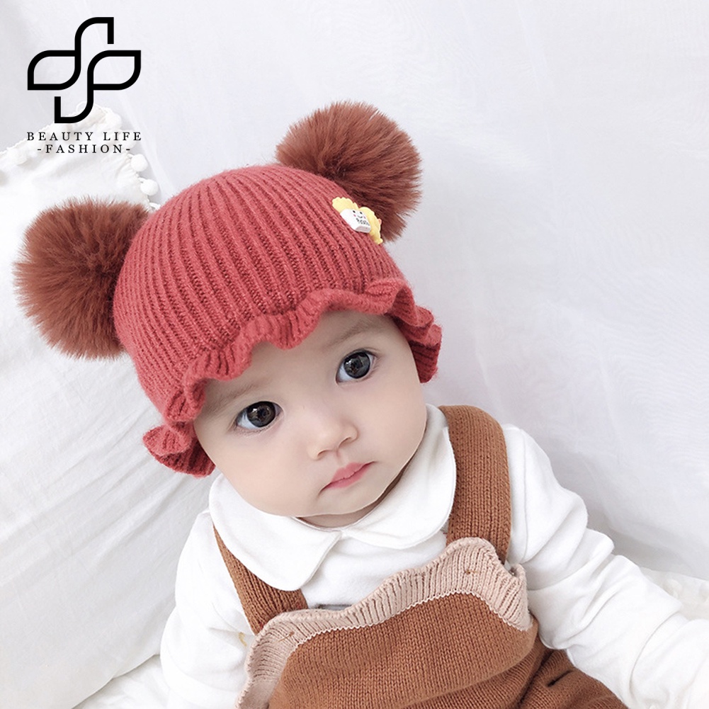 Mũ Len Beanie Đính Quả Cầu Lông Xù Giữ Ấm Tai Thời Trang Dành Cho Bé