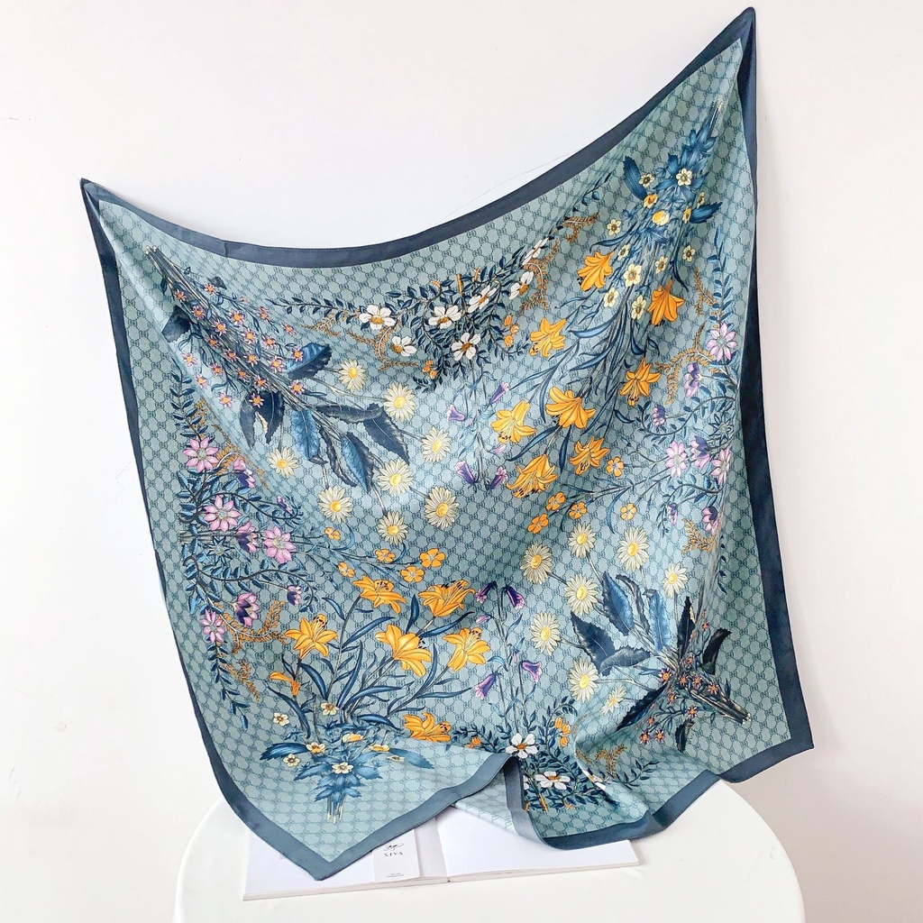 Khăn Quàng Cổ Lụa Hình Vuông Cỡ Lớn 90 * 90cm Chống Nắng Mùa Hè Dễ Phối Đồ In Họa Tiết Hoa Cho Nữ