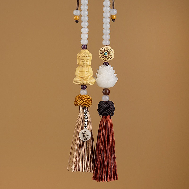 Khánh treo gương chiếu hậu oto, hạt bồ đề lá sen và tượng phật gỗ hoàng dương, trang trí xe oto, nội thất xe hơi cao cấp