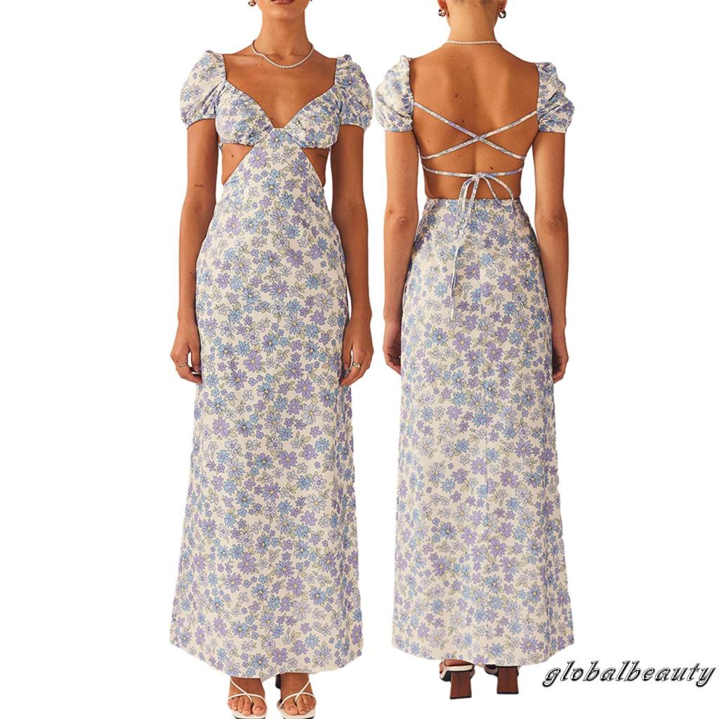 Đầm Dài Hở Lưng Tay Ngắn Họa Tiết Hoa Thời Trang Mùa Hè Cho Nữ