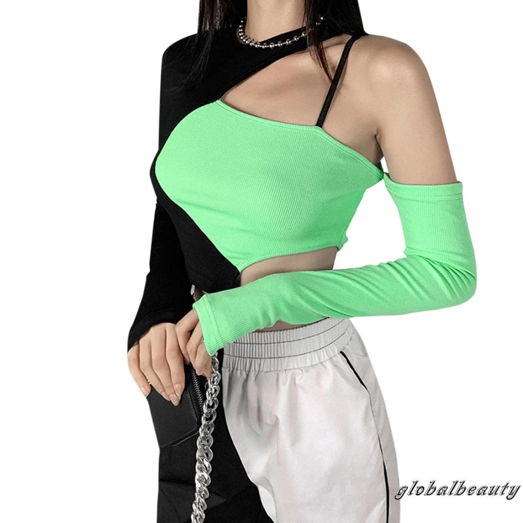 Áo Thun Dài Tay Lệch Vai Màu Sắc Tương Phản Dành Cho Nữ