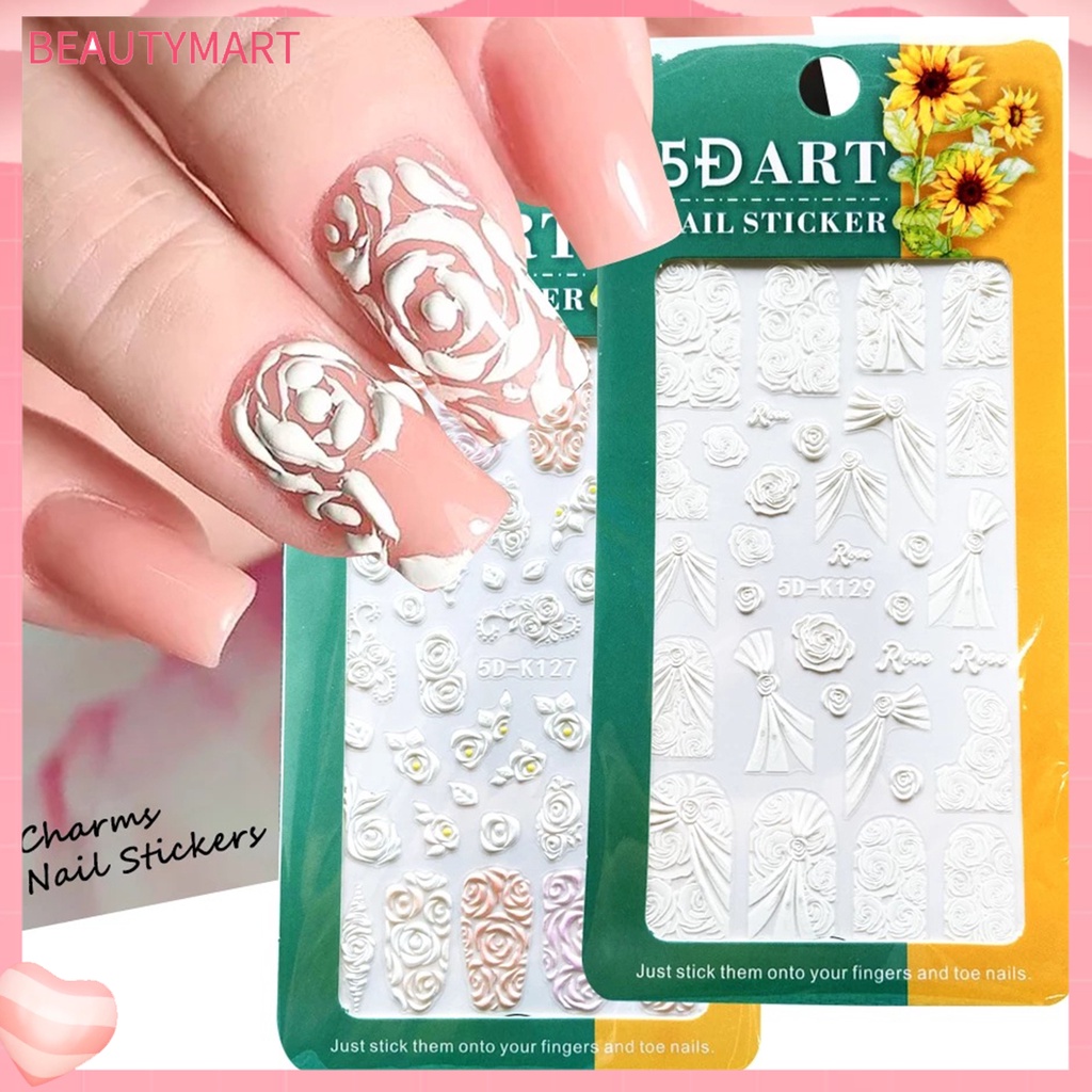 Miếng Dán Móng Tay Hiệu Ứng 5D Không Phai Siêu Mỏng Họa Tiết Hoa Dập Nổi Màu Trắng Dùng Trang Trí Móng Tay