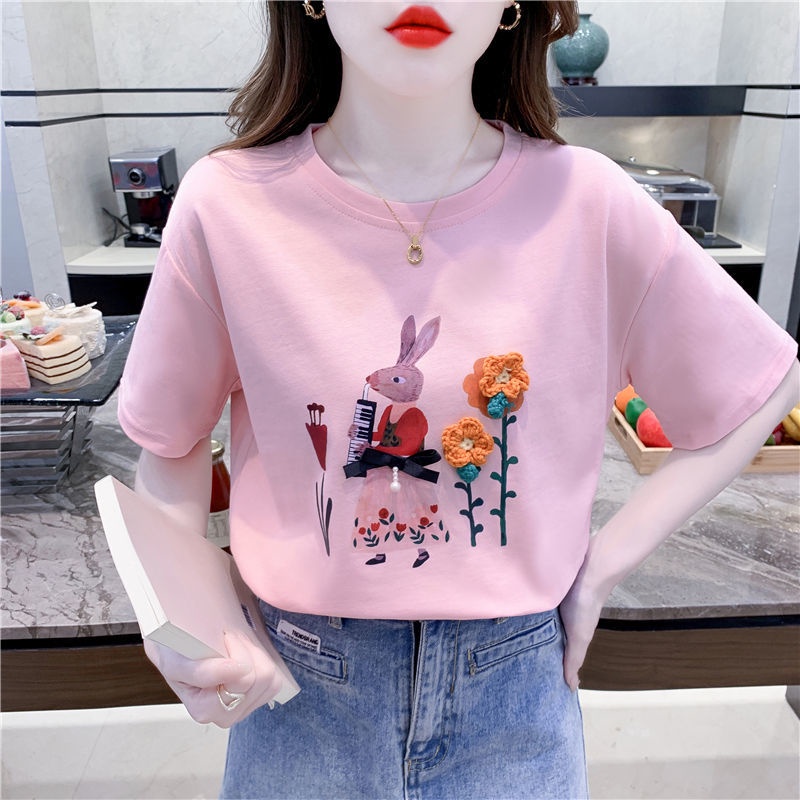 Áo Thun Nữ Ngắn Tay Cổ Tròn Dáng Rộng Bằng Vải Cotton Phong Cách Mới