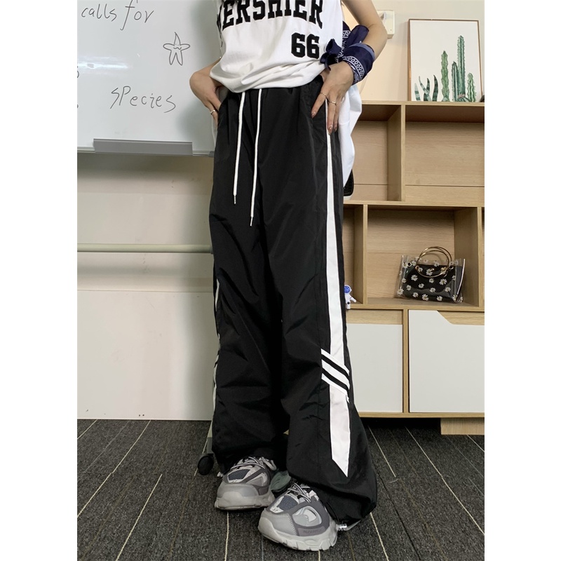 Quần Thể Thao Dây Rút Kẻ Sọc Bên Hông Dáng Rộng Phong Cách Retro Mỹ