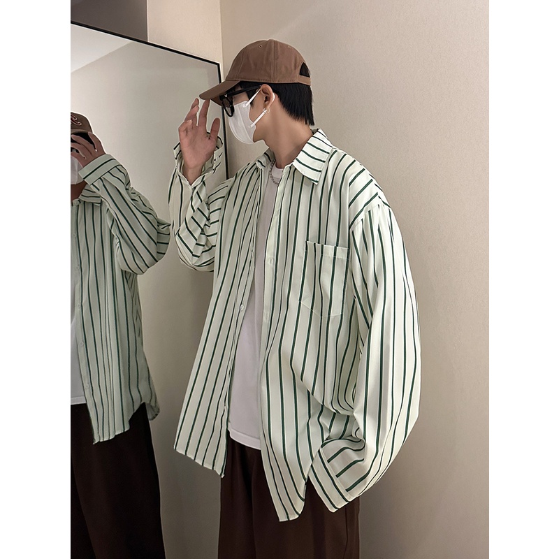 Áo Sơ Mi Nam Dài Tay Dáng Rộng Họa Tiết Kẻ Sọc Phong Cách Retro Nhật Bản