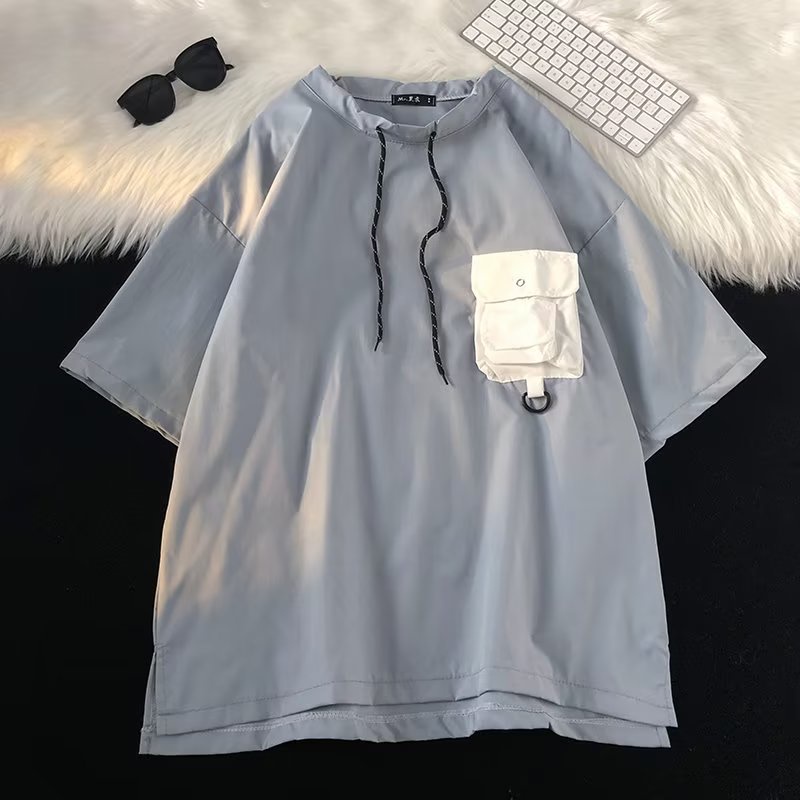 Áo Thun Tay Ngắn Dáng Rộng Phối Dây Rút Phong Cách Nhật Bản Thời Trang Mùa Hè Cho Nam