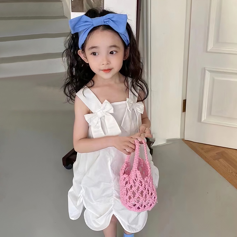 Đầm Hai Dây Phối Nơ Thời Trang Mùa Hè Xinh Xắn Dành Cho Bé Gái 2-7 Tuổi