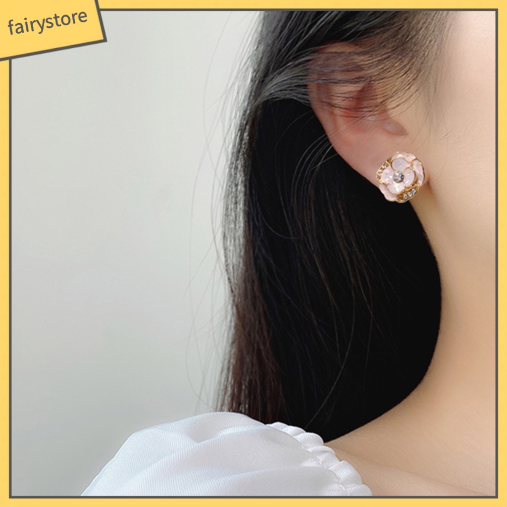 1 Đôi Bông Tai Hình Hoa Tráng Men Đính Đá Thời Trang