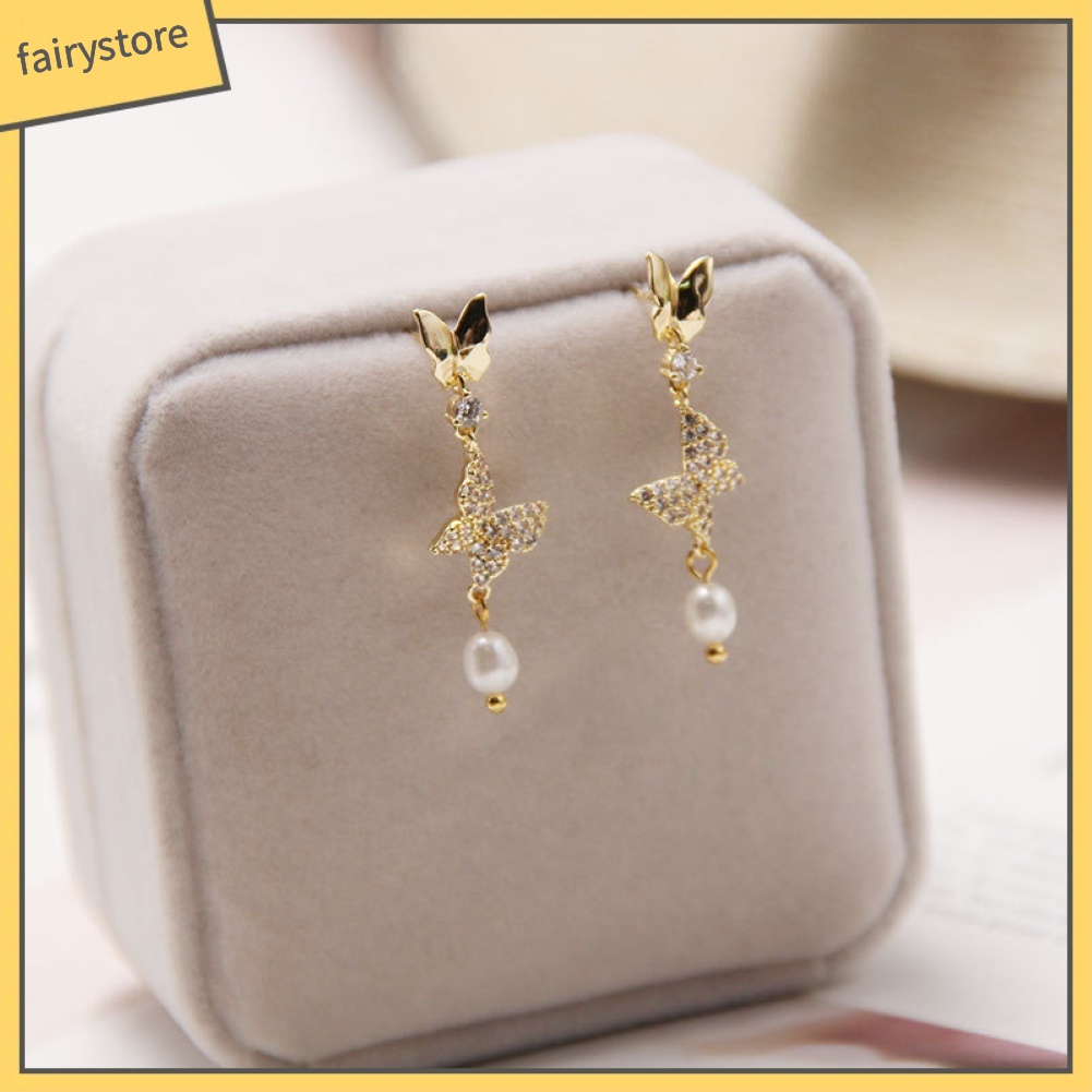 Bông Tai Hình Bướm Đính Đá Ngọc Trai Giả Thời Trang Dành Cho Nữ