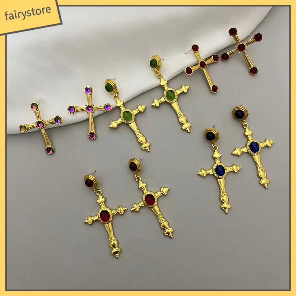 1 Đôi Bông Tai Hình Thánh Giá Bằng Thủy Tinh Màu Sang Trọng Phong Cách Trung Cổ Dành Cho Nữ
