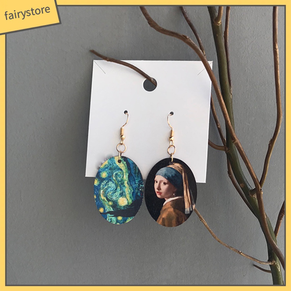 [FRO] Khuyên Tai Móc Bằng Gỗ Tráng Men Họa Tiết Tranh Sơn Dầu Không Đối Xứng Nich