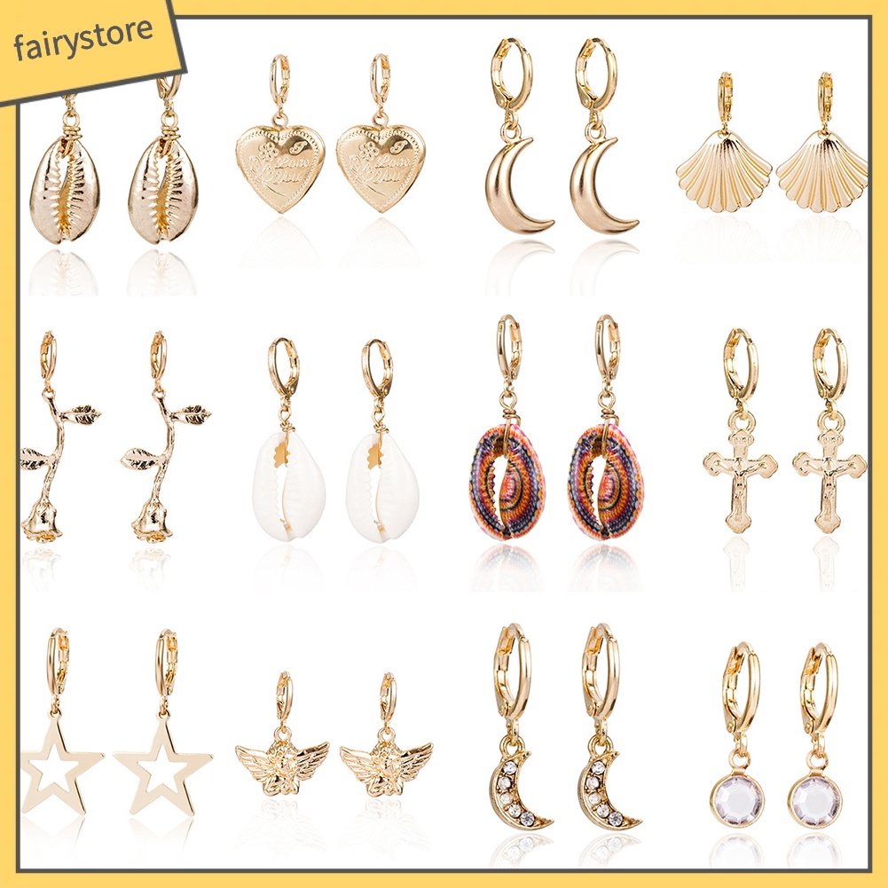 Bông Tai Dạng Vòng Hình Vỏ Sò / Hoa Hồng / Ngôi Sao / Mặt Trăng Dành Cho Nữ