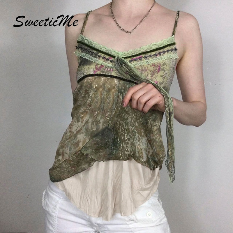 Áo Tank Top Ôm Dáng Phối Ren In Họa Tiết Kiểu Retro Thời Trang 2023 Cho Bạn Gái