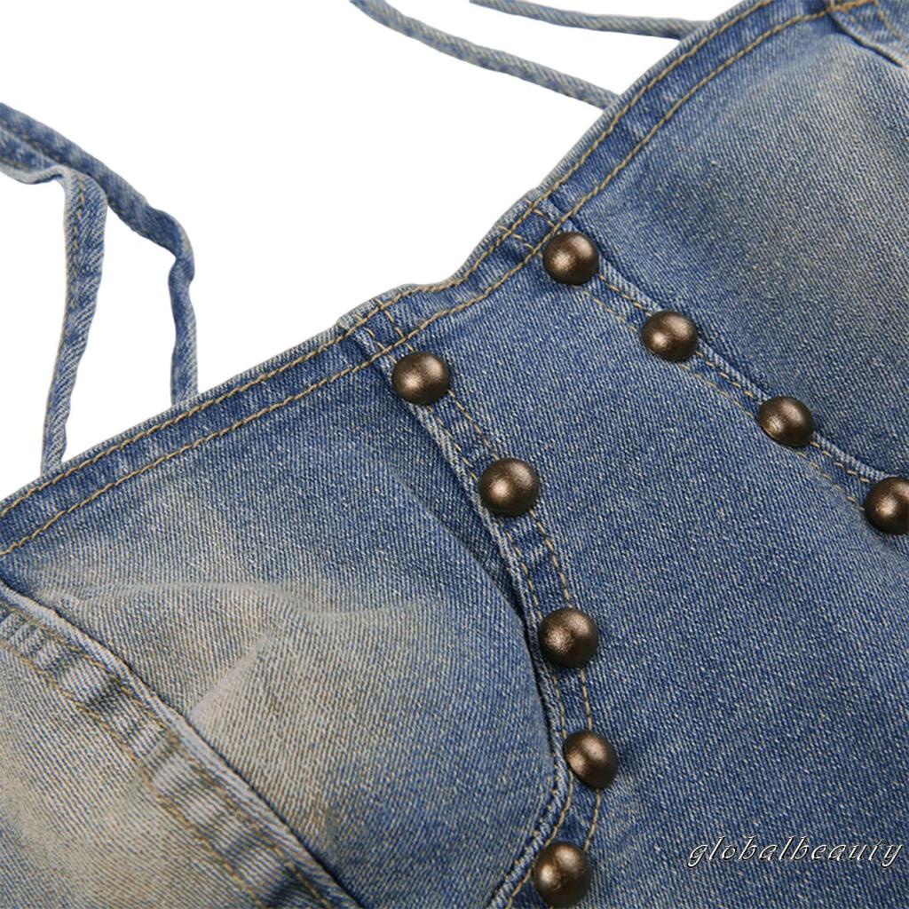 Áo Croptop Denim Hai Dây Phong Cách Retro Thời Trang Mùa Hè Dành Cho Nữ