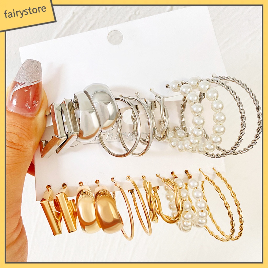 Set 6 Đôi Bông Tai Dạng Vòng Hình Chữ C Đính Ngọc Trai Nhân Tạo Thời Trang Dành Cho Nữ