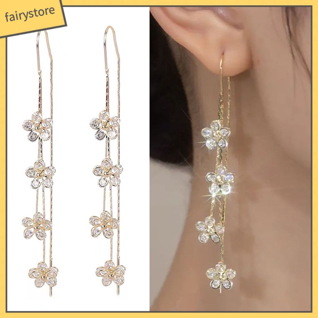 1 Đôi Bông Tai Dáng Dài Hình Hoa Đính Đá Lấp Lánh Sang Trọng Không Gây Dị Ứng Thời Trang Cho Nữ