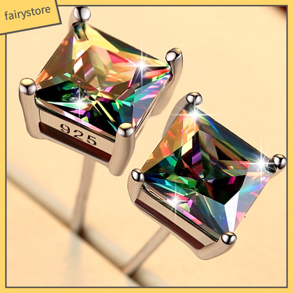 Khuyên Tai Đính Đá Vuông Tròn Nhiều Màu Phong Cách Cổ Điển