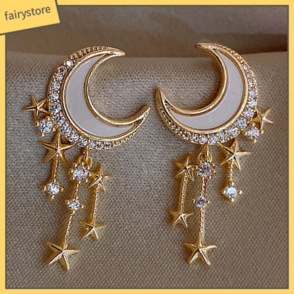 1 Đôi Bông Tai Hình Mặt Trăng Và Ngôi Sao Đính Đá Lấp Lánh Dành Cho Nữ