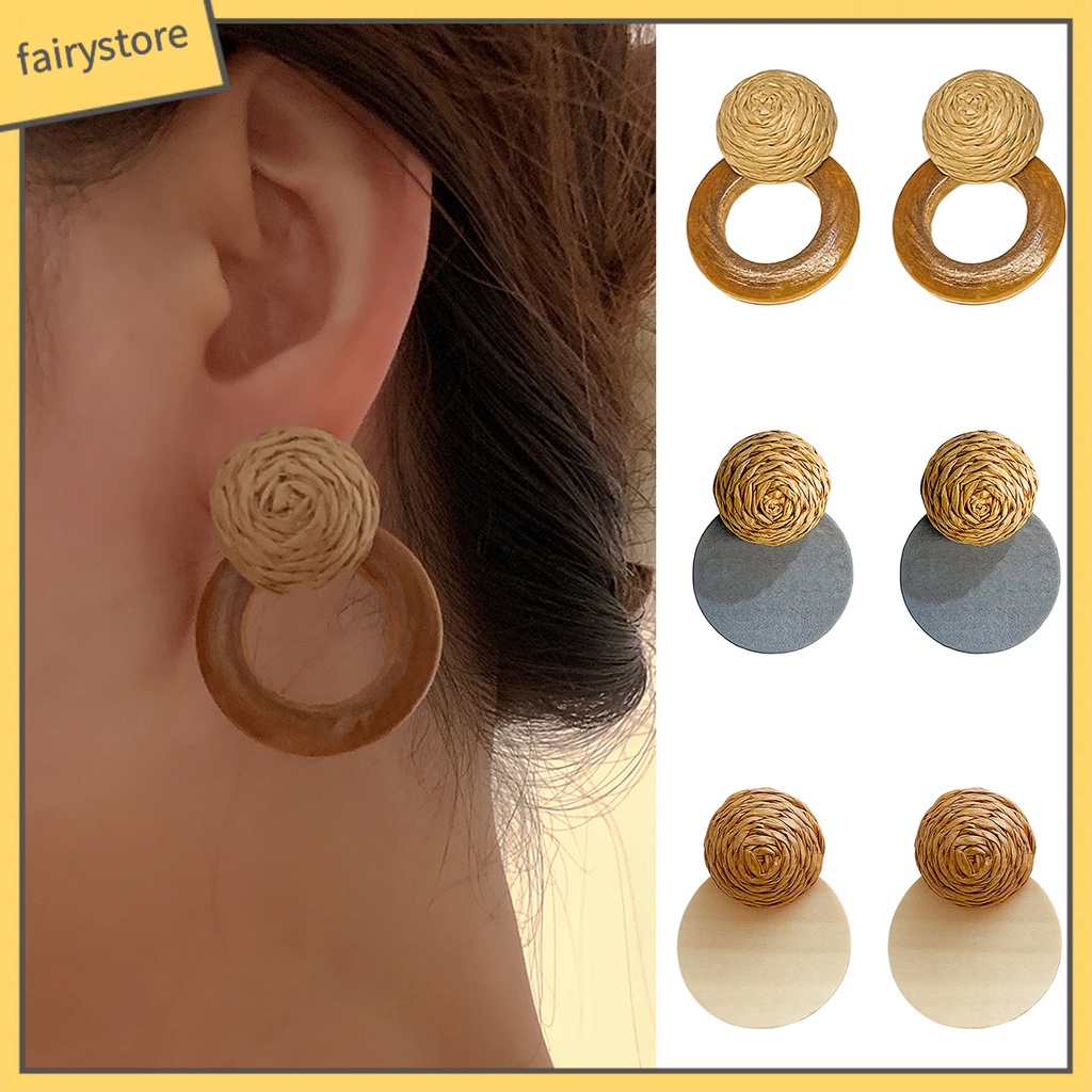 [FRO] 1 Đôi Bông Tai Xỏ Lỗ Bằng Gỗ Rơm Đan Kiểu Retro Mộc Mạc Đơn Giản Cho Nữ