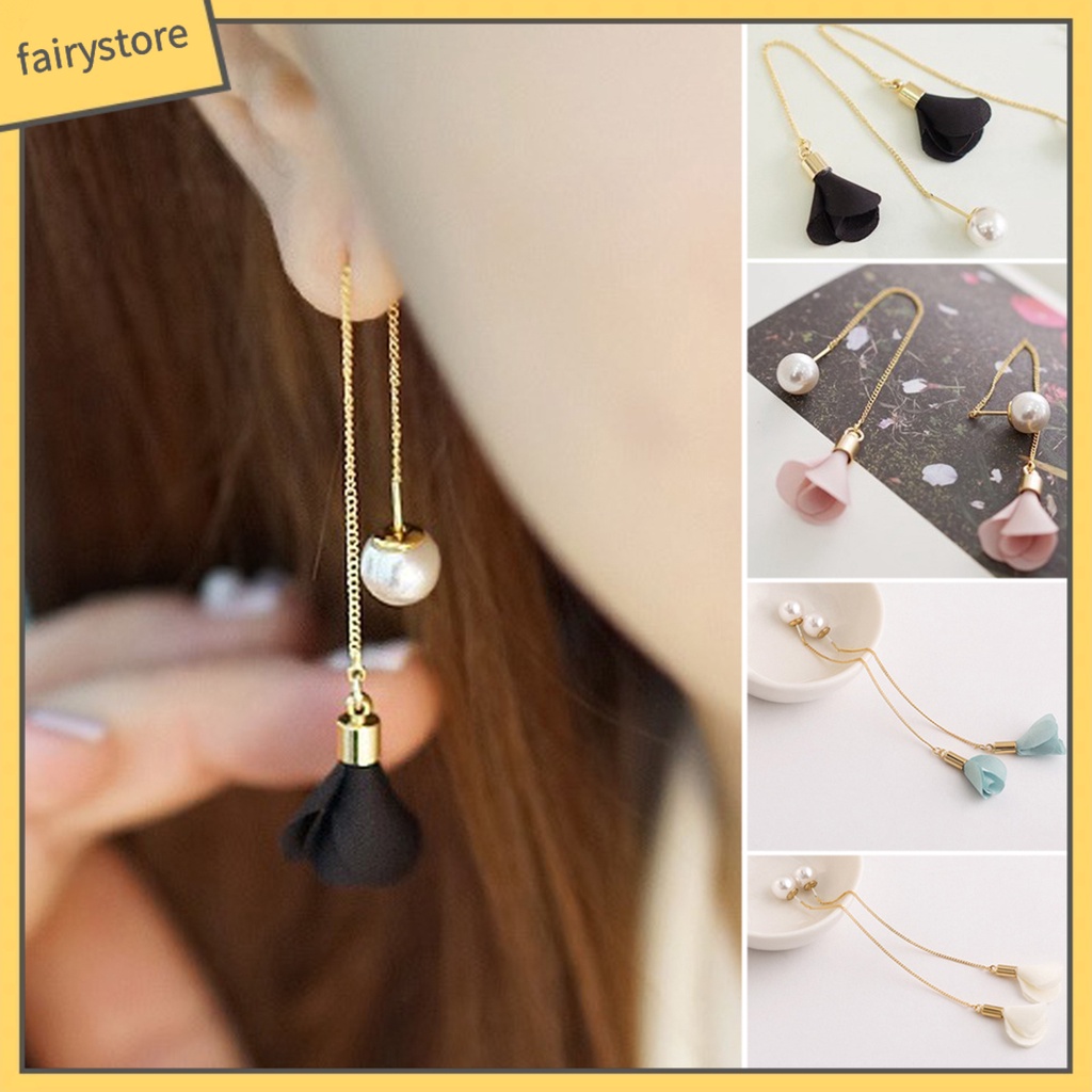 1 Đôi Bông Tai Dài Đính Hoa Và Ngọc Trai Giả Thanh Lịch Dành Cho Nữ