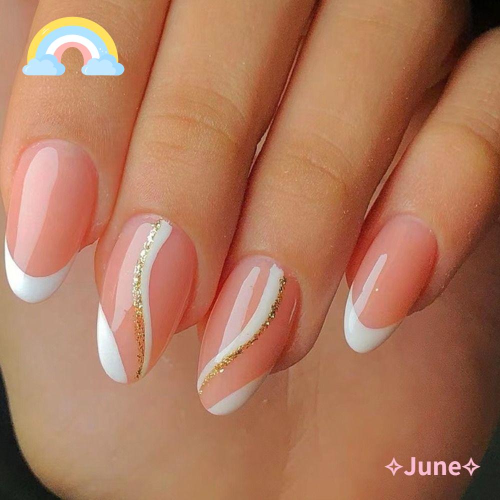 JUNE Set 24 Móng Tay Giả Màu Trắng Vàng Kim Có Thể Tháo Rời