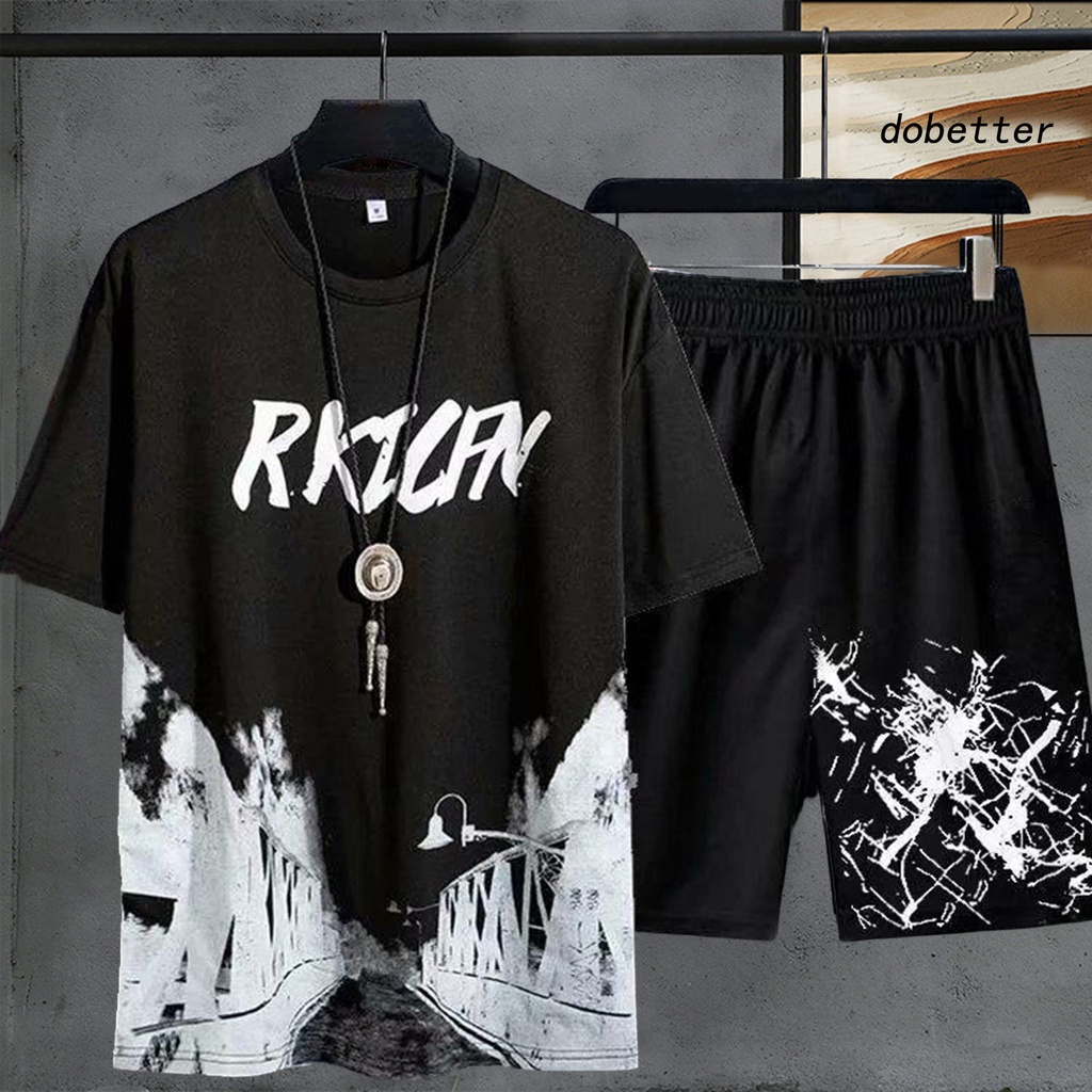 Set Đồ Thể Thao 2 Món Áo Thun Tay Ngắn Cổ Tròn Phối Quần Short Lưng Thun In Chữ Phong Cách Đường Phố Cá Tính