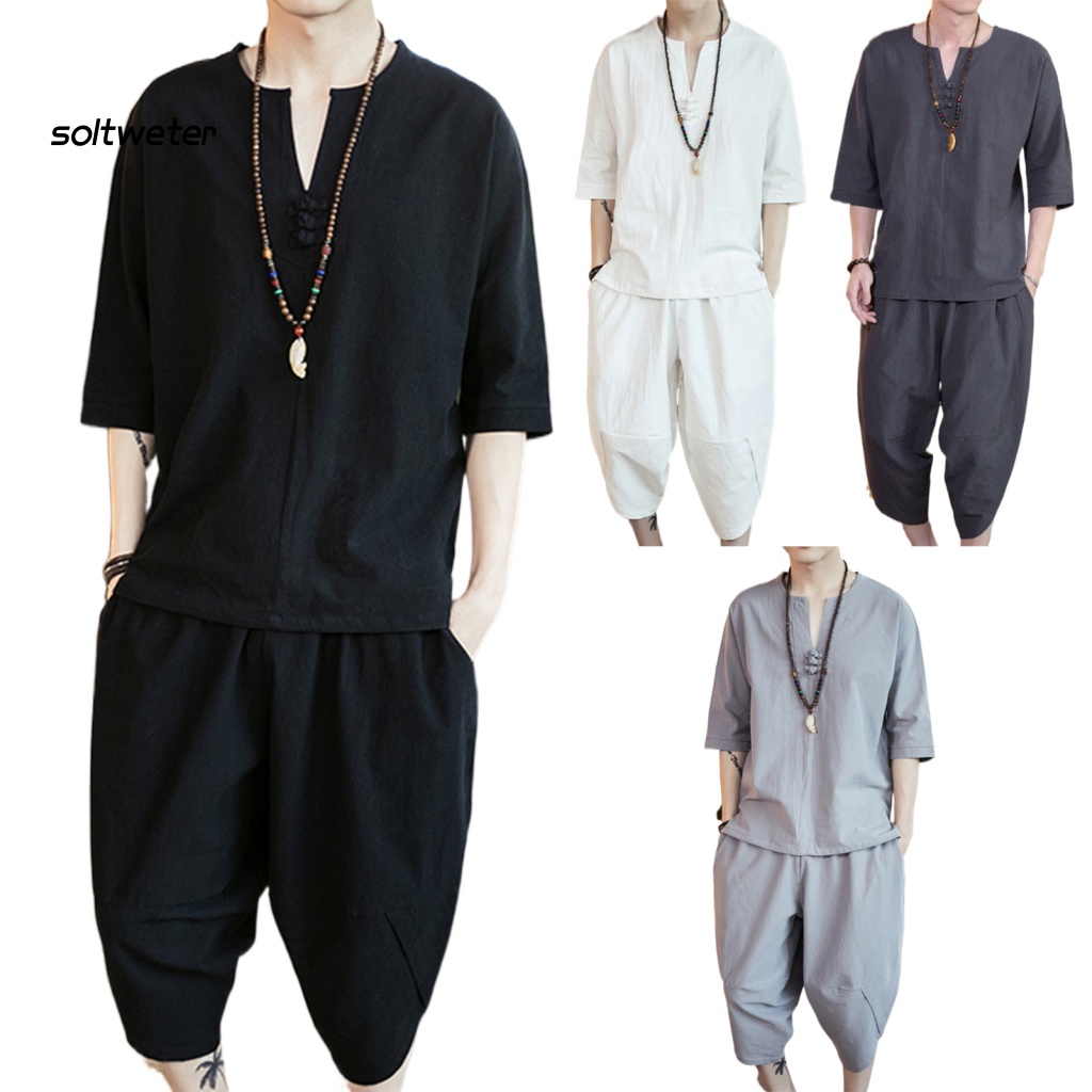 1 Bộ Quần Capri Màu Trơn Dáng Suông Có Túi Phong Cách Trung Hoa