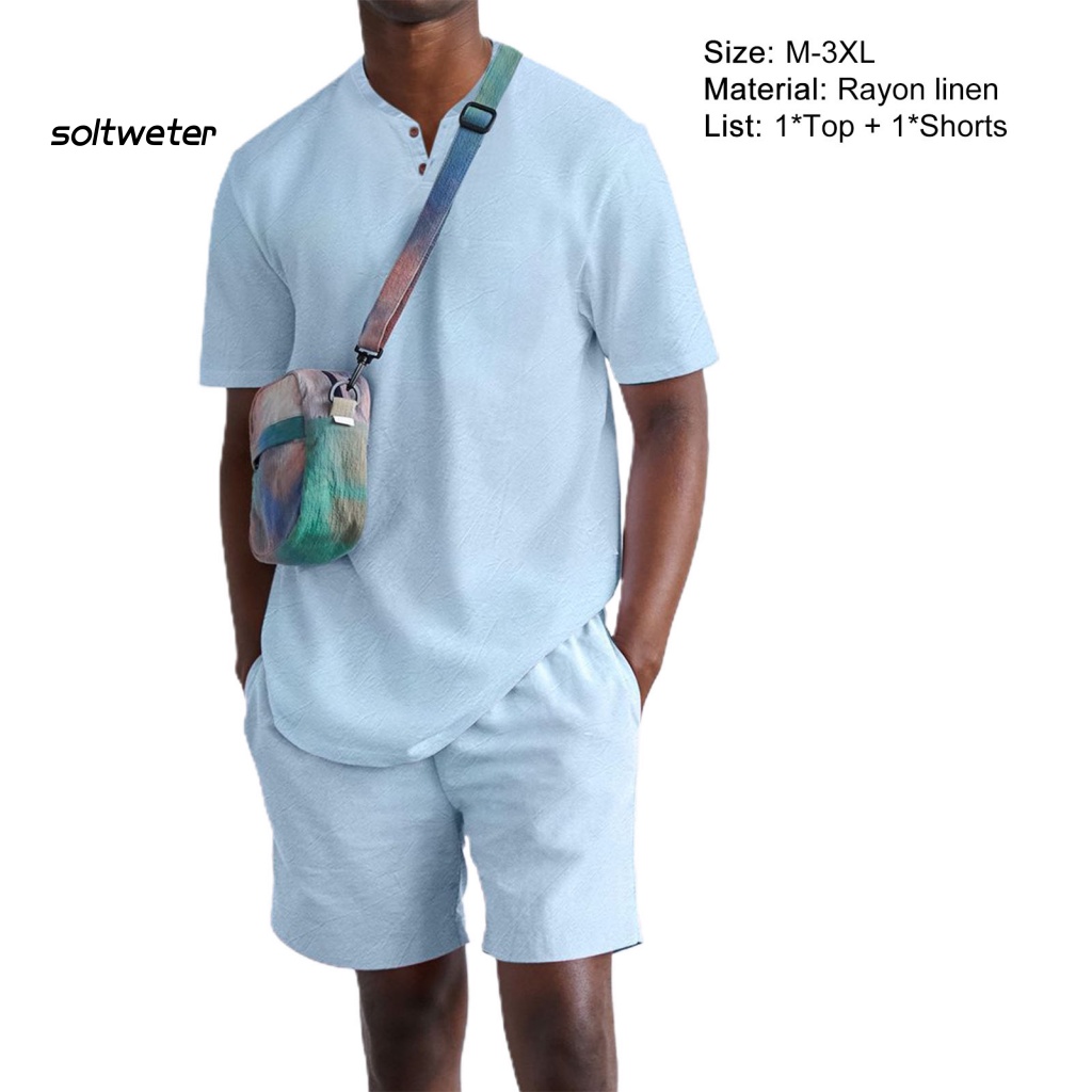 Bộ Trang Phục 2 Mảnh Gồm Áo Tay Ngắn Cổ Chữ V Màu Sắc Đơn Giản Và Quần Short Lưng Thun Thời Trang Mùa Hè Cho Nam