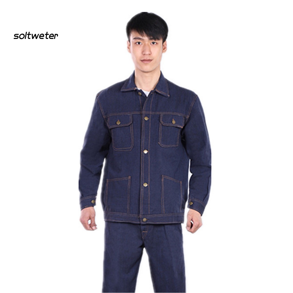 Bộ 2 Món Áo Khoác Denim Tay Dài Cổ Bẻ Cài Một Hàng Nút Sắt + Quần Dài Tới Mắt Cá Chân Có Nhiều Túi Cho Nam