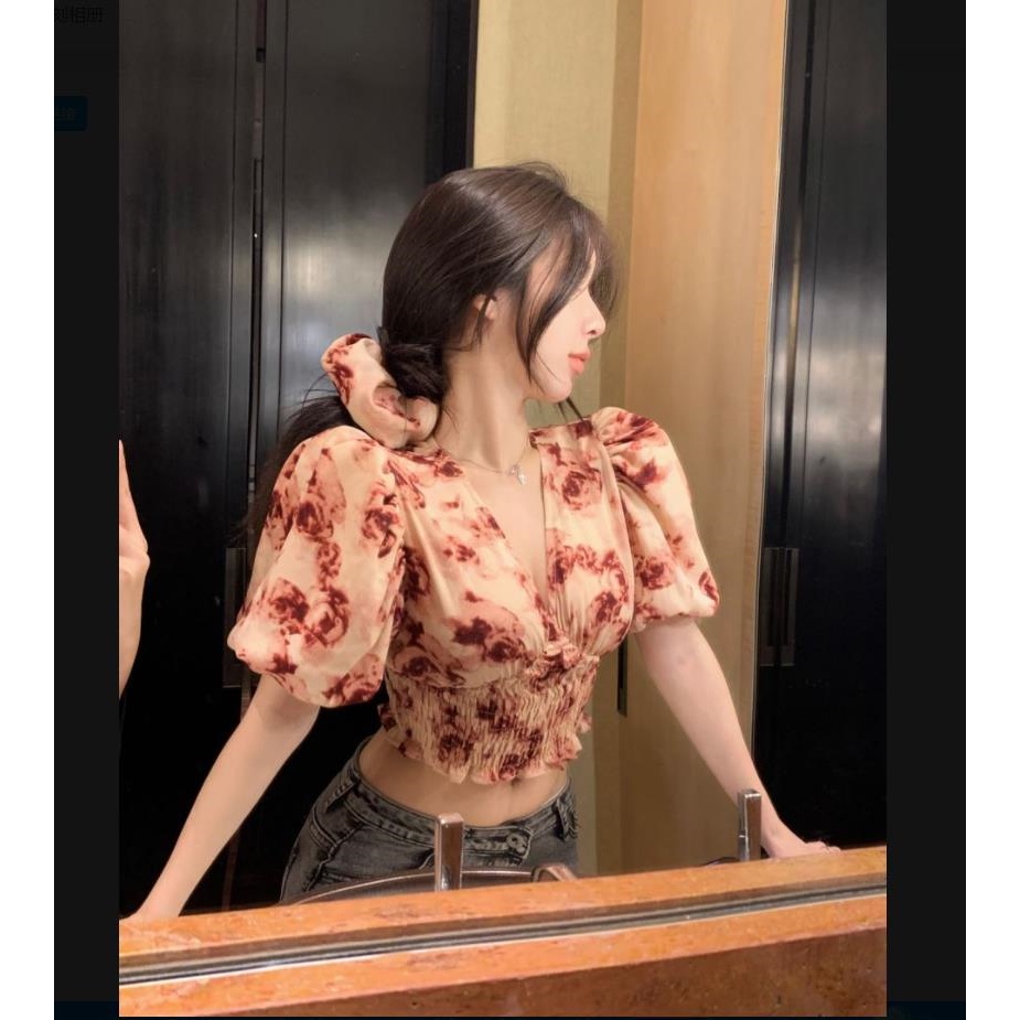 Áo Sơ Mi Chiffon Ngắn Tay Cổ Chữ V Họa Tiết Hoa Thời Trang Mùa Hè Cho Nữ